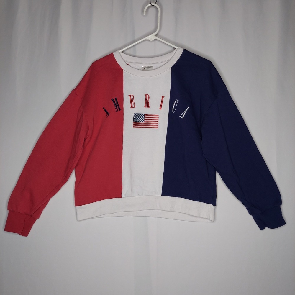 IML America Sweatshirt Women Large Color Block Embroidered Red Blue Collegiate